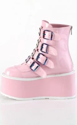 Demonia Shoes DAMNED-105 Baby Pink Holo Flatform Ankle Boots