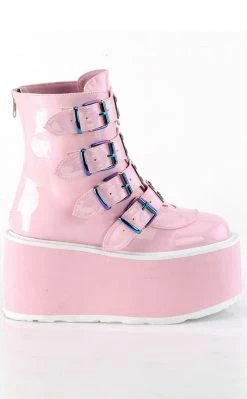 Demonia Shoes DAMNED-105 Baby Pink Holo Flatform Ankle Boots