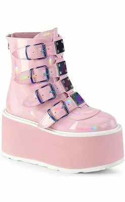 Demonia Shoes DAMNED-105 Baby Pink Holo Flatform Ankle Boots