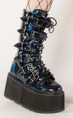 Demonia DAMNED-225 Black Holographic Boots Shoes