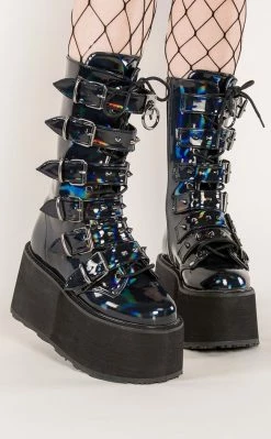 Demonia DAMNED-225 Black Holographic Boots Shoes