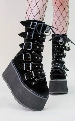 Demonia DAMNED-225 Black Velvet Boots Shoes