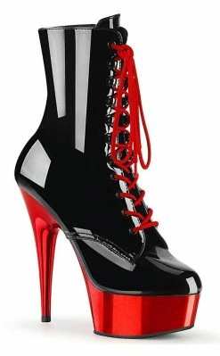 Pleaser DELIGHT-1020 Black Patent Red Chrome Ankle Boots Pole Shoes