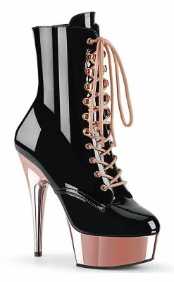 Pleaser DELIGHT-1020 Black Patent Rose Gold Ankle Boots Pole Shoes