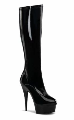 Pleaser Pole Shoes DELIGHT-2000 Blk Str Pat/Blk Knee High Boots
