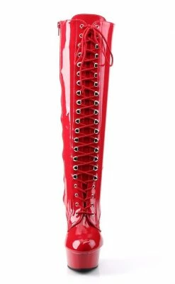 Pleaser DELIGHT-2023 Red Str Pat/Red Knee High Boots