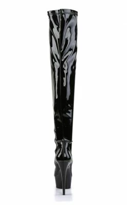 Pleaser Pole Shoes DELIGHT-3000 Blk Str Pat/Blk Thigh High Boots