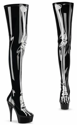 Pleaser DELIGHT-3000BONE Black Patent Bone Thigh High Boots Pole Shoes