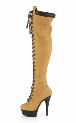 Pleaser DELIGHT-3000TL Tan Nubuck Faux Leather Over-the-Knee Boots