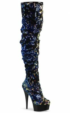 Pleaser Pole Shoes DELIGHT-3004 Blue Iridescent Sequins/ Silk Thigh High Boots
