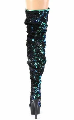 Pleaser DELIGHT-3004 Green Iridescent Sequins/ Silk Thigh High Boots