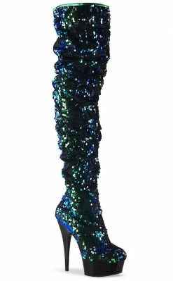 Pleaser DELIGHT-3004 Green Iridescent Sequins/ Silk Thigh High Boots