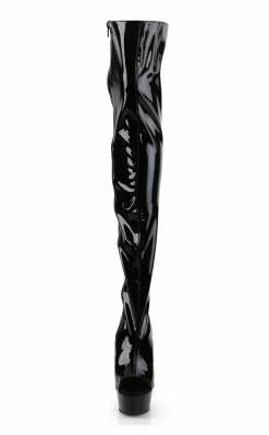 Pleaser DELIGHT-3017 Blk Str Pat/Blk Thigh High Boots Pole Shoes