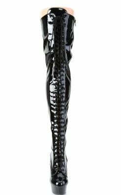 Pleaser Pole Shoes DELIGHT-3023 Blk Str Pat/Blk Thigh High Boots
