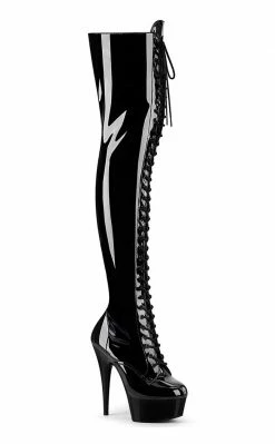 Pleaser Pole Shoes DELIGHT-3023 Blk Str Pat/Blk Thigh High Boots