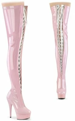 Pleaser DELIGHT-3027 Baby Pink/White Patent Thigh High Boots Pole Shoes