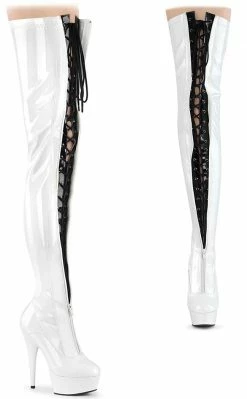 Pleaser DELIGHT-3027 White/Black Patent Thigh High Boots
