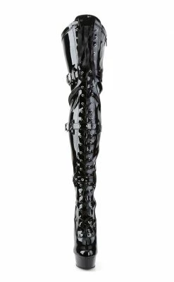 Pleaser DELIGHT-3028 Blk Str Pat/Blk Thigh High Boots Pole Shoes