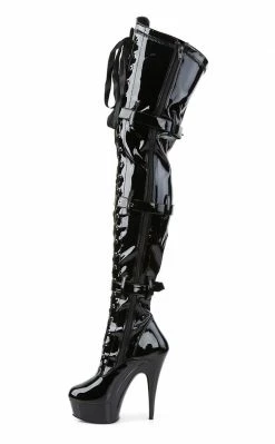 Pleaser DELIGHT-3028 Blk Str Pat/Blk Thigh High Boots Pole Shoes