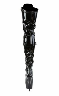 Pleaser DELIGHT-3028 Blk Str Pat/Blk Thigh High Boots Pole Shoes