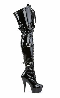 Pleaser DELIGHT-3028 Blk Str Pat/Blk Thigh High Boots Pole Shoes