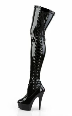 Pleaser Pole Shoes DELIGHT-3050 Blk Str Pat/Blk Thigh High Boots