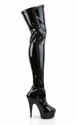 Pleaser Pole Shoes DELIGHT-3050 Blk Str Pat/Blk Thigh High Boots