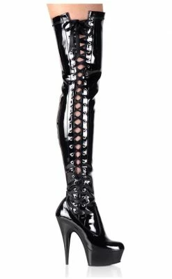 Pleaser Pole Shoes DELIGHT-3050 Blk Str Pat/Blk Thigh High Boots
