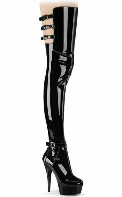 Pleaser Pole Shoes DELIGHT-3055 Black Stretch Patent Thigh High Boots