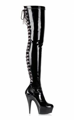Pleaser Pole Shoes DELIGHT-3063 Blk Str Pat/Blk Thigh High Boots