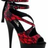 Pleaser DELIGHT-678LC Red Satin-Lace/Blk Matte Heels Pole Shoes