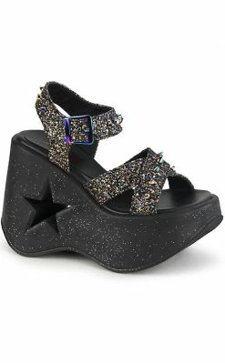 Demonia DYNAMITE-02 Black Glitter Wedge Heels Shoes