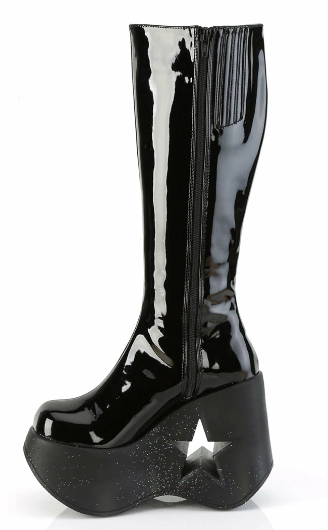 Demonia DYNAMITE-218 Black Patent/Glitter Knee Boots 5 Demonia DYNAMITE-218 Black Patent/Glitter Knee Boots