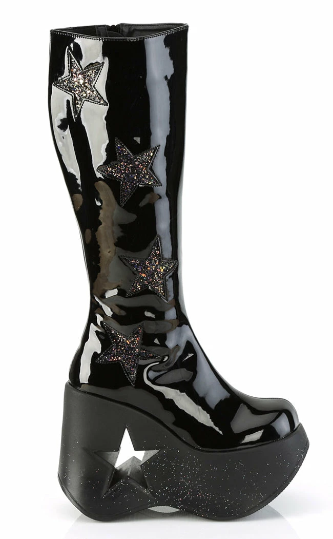 Demonia DYNAMITE-218 Black Patent/Glitter Knee Boots 7 Demonia DYNAMITE-218 Black Patent/Glitter Knee Boots