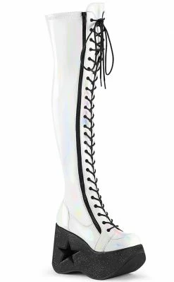 Demonia Shoes DYNAMITE-300 White Holo Thigh High Boots