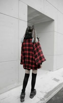 Punk Rave Deville Plaid Faux Fur Coat