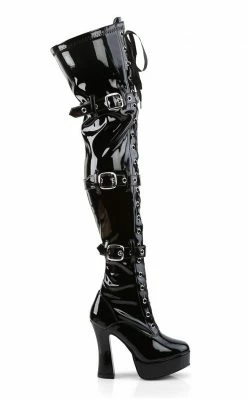 Pleaser Sale ELECTRA-3028 Black Shiny Buckled Thigh High Boots (Last Pair: Size 11)