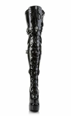 Pleaser ELECTRA-3028 Black Shiny Buckled Thigh High Boots Pole Shoes