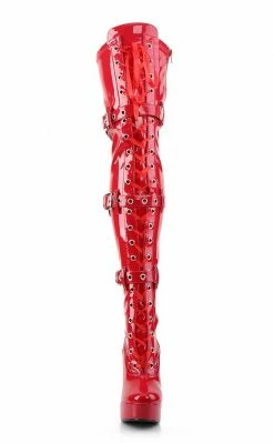 Pleaser ELECTRA-3028 Red Buckled Thigh High Boots