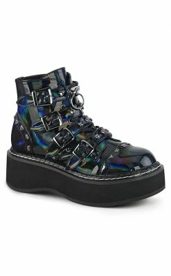 Demonia EMILY-315 Black Holographic Ankle Boots Shoes