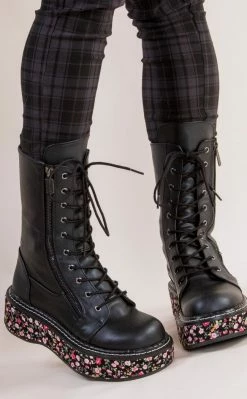 Demonia Sale EMILY-350 Black Floral Boots (Last Pair: Size 10)