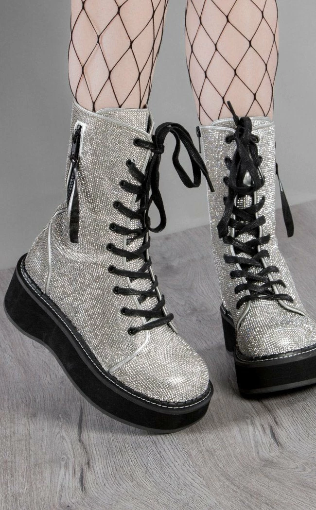 Demonia Shoes EMILY-362 Silver Rhinestone Combat Boots (Au Stock) 3 Demonia Shoes EMILY-362 Silver Rhinestone Combat Boots (Au Stock)
