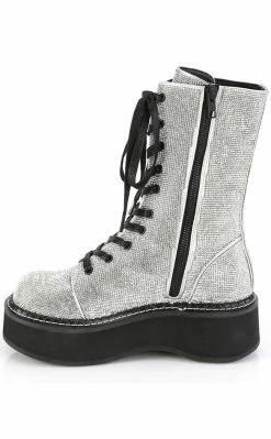 Demonia EMILY-362 Silver Rhinestone Combat Boots Shoes