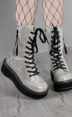 Demonia EMILY-362 Silver Rhinestone Combat Boots Shoes