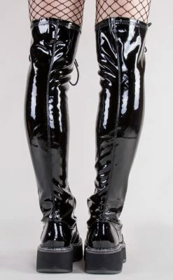 Demonia EMILY-375 Black Patent Thigh High Boots Shoes