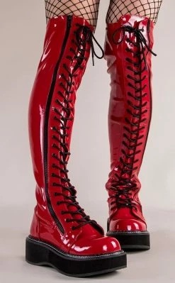 Demonia EMILY-375 Red Patent Thigh High Boots