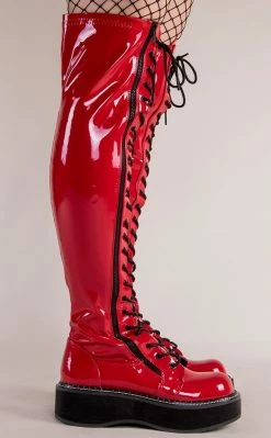 Demonia EMILY-375 Red Patent Thigh High Boots