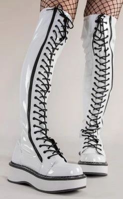 Demonia EMILY-375 White Patent Thigh High Boots (Last Pair: 7)