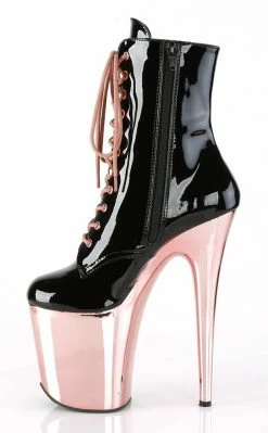 Pleaser Pole Shoes FLAMINGO-1020 Black Patent & Rose Gold Boots