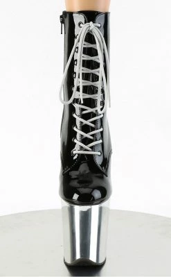 Pleaser Pole Shoes FLAMINGO-1020 Black Patent Silver Chrome Boots